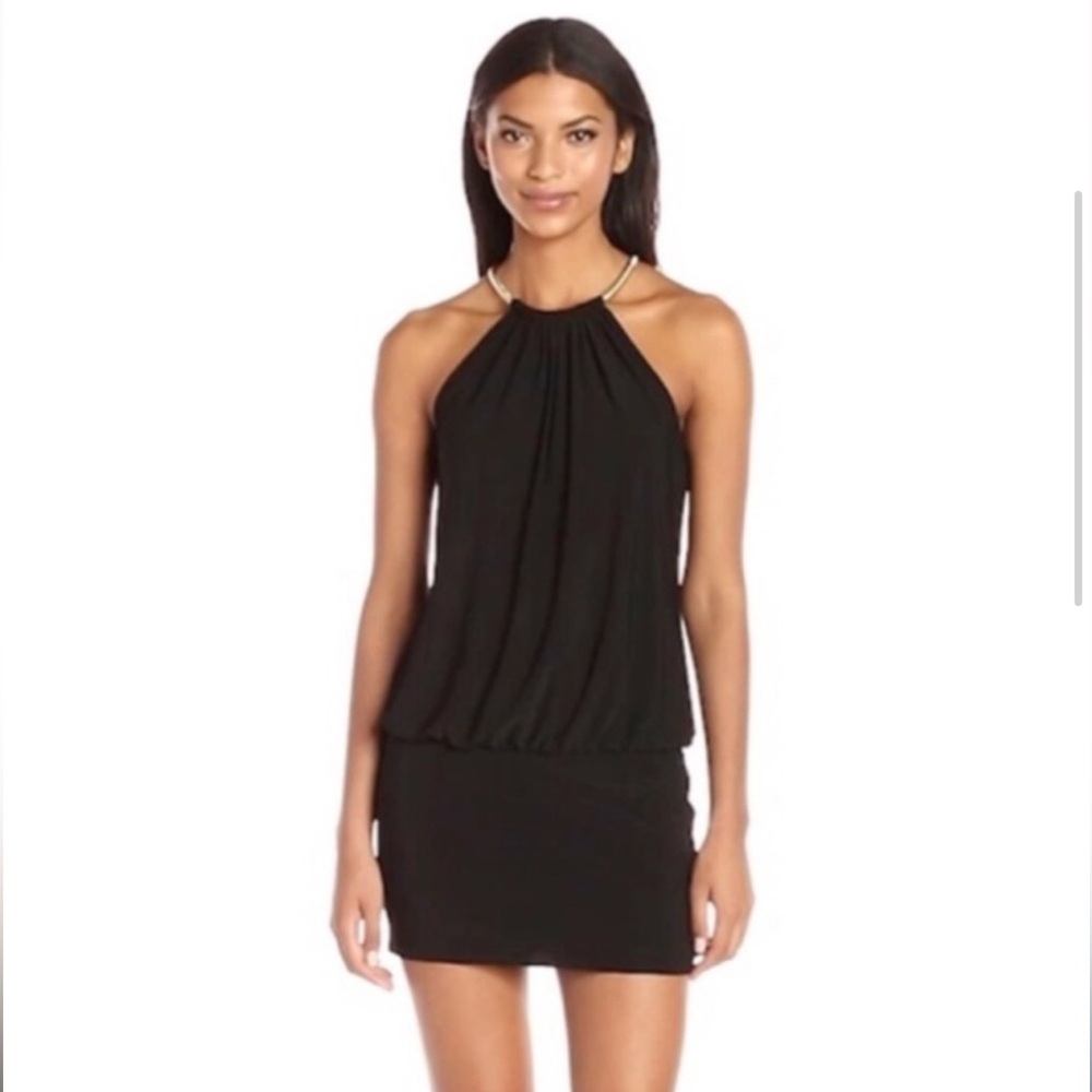 Laundry by Shelli Segal Flattering black halter dress w/gold chain neckline sz 6